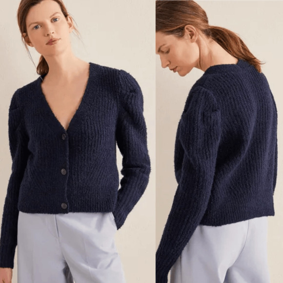 Boden Sweaters - Boden Womens Cardigan Sweater Size M Navy Puff Sleeve V-neck Wool Blend Preppy